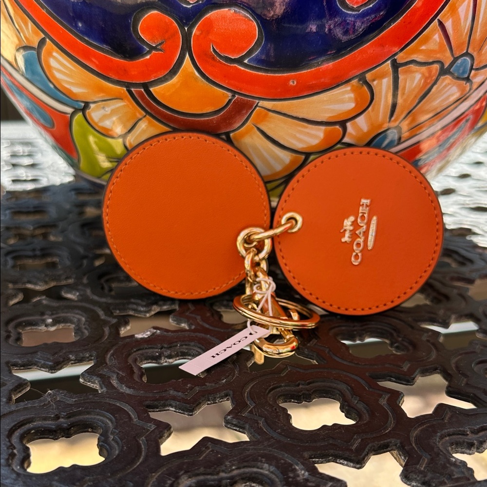 Coach Vibrant Orange Leather Keychain with Mirror